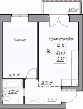 1-к квартира, строящийся дом, 44м2, 1/3 этаж