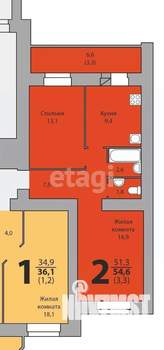 2-к квартира, вторичка, 55м2, 1/16 этаж