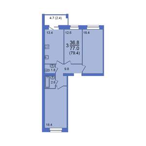 3-к квартира, строящийся дом, 79м2, 6/10 этаж