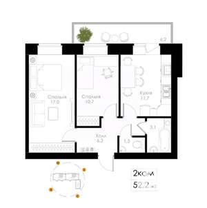 2-к квартира, вторичка, 52м2, 6/8 этаж