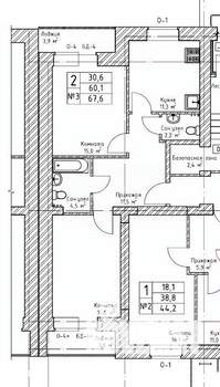 2-к квартира, вторичка, 68м2, 1/3 этаж