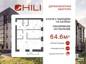 2-к квартира, вторичка, 65м2, 1/8 этаж