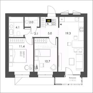 2-к квартира, строящийся дом, 55м2, 6/8 этаж