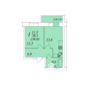 1-к квартира, строящийся дом, 38м2, 1/10 этаж