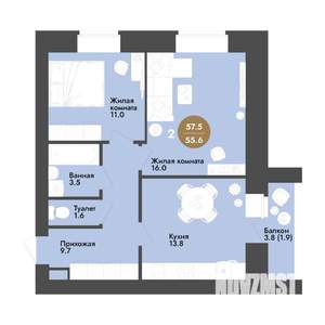 2-к квартира, строящийся дом, 58м2, 8/12 этаж