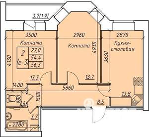 2-к квартира, строящийся дом, 56м2, 4/9 этаж