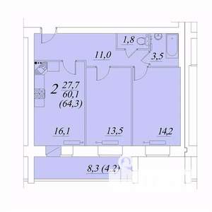 2-к квартира, строящийся дом, 64м2, 8/10 этаж
