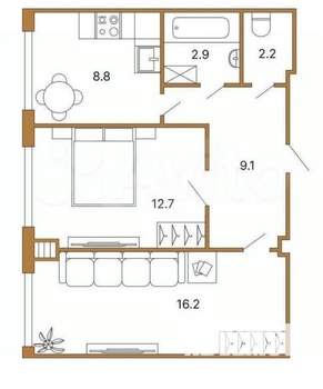 2-к квартира, вторичка, 53м2, 1/10 этаж
