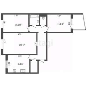 3-к квартира, вторичка, 65м2, 3/9 этаж