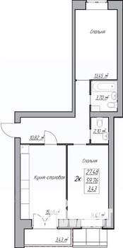 2-к квартира, строящийся дом, 64м2, 2/3 этаж