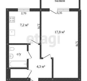 1-к квартира, вторичка, 34м2, 2/5 этаж