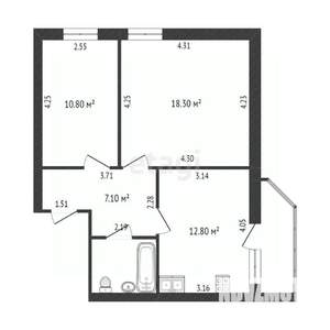 2-к квартира, вторичка, 53м2, 1/10 этаж