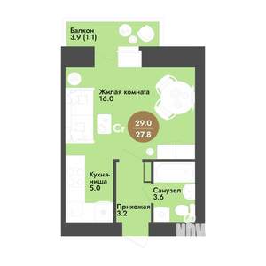 Студия квартира, строящийся дом, 29м2, 7/12 этаж