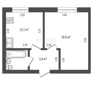 1-к квартира, вторичка, 40м2, 3/3 этаж