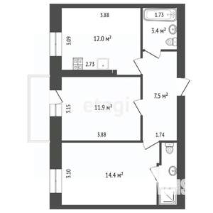 2-к квартира, вторичка, 53м2, 1/2 этаж