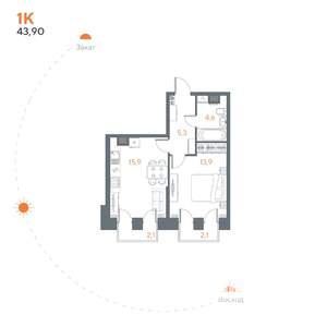 1-к квартира, вторичка, 44м2, 6/8 этаж