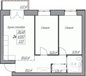 2-к квартира, строящийся дом, 65м2, 1/3 этаж
