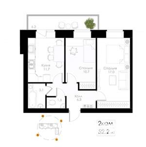 2-к квартира, вторичка, 52м2, 3/6 этаж