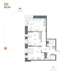 2-к квартира, вторичка, 59м2, 5/8 этаж