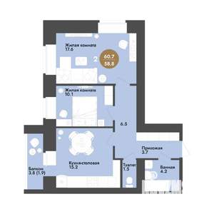 2-к квартира, строящийся дом, 61м2, 6/12 этаж