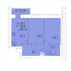 2-к квартира, строящийся дом, 59м2, 8/10 этаж