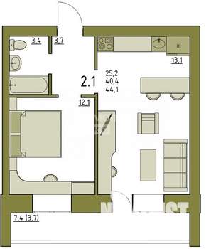 2-к квартира, вторичка, 44м2, 1/5 этаж
