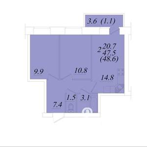2-к квартира, строящийся дом, 49м2, 9/10 этаж