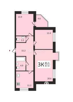 3-к квартира, сданный дом, 80м2, 2/3 этаж
