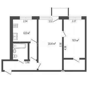 2-к квартира, вторичка, 44м2, 2/5 этаж