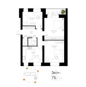 3-к квартира, вторичка, 74м2, 3/5 этаж
