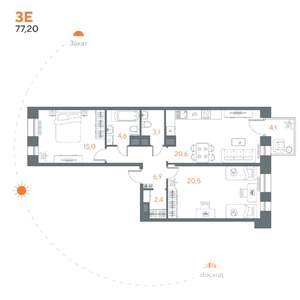 2-к квартира, вторичка, 77м2, 1/8 этаж