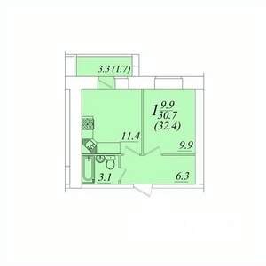 1-к квартира, строящийся дом, 32м2, 4/10 этаж