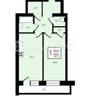 1-к квартира, вторичка, 48м2, 2/4 этаж