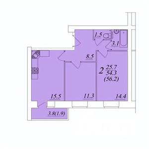 2-к квартира, строящийся дом, 56м2, 4/10 этаж