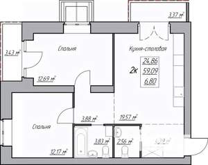 2-к квартира, строящийся дом, 67м2, 3/3 этаж