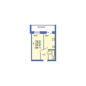 1-к квартира, строящийся дом, 38м2, 9/10 этаж