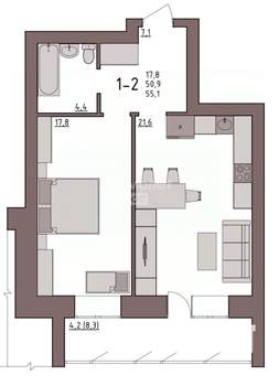 1-к квартира, вторичка, 53м2, 8/10 этаж
