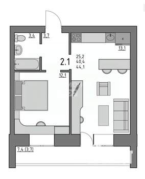 1-к квартира, вторичка, 44м2, 5/5 этаж
