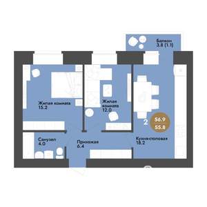 2-к квартира, строящийся дом, 57м2, 9/12 этаж
