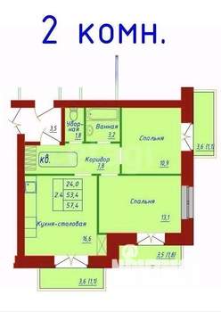 2-к квартира, вторичка, 57м2, 4/4 этаж