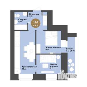 2-к квартира, строящийся дом, 46м2, 2/12 этаж