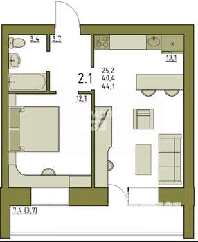 1-к квартира, вторичка, 44м2, 5/5 этаж