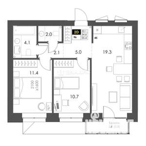 2-к квартира, строящийся дом, 55м2, 6/8 этаж