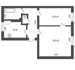 2-к квартира, вторичка, 52м2, 2/2 этаж