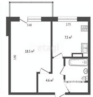 1-к квартира, вторичка, 34м2, 4/5 этаж