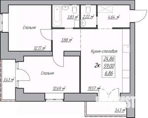 2-к квартира, строящийся дом, 66м2, 1/3 этаж