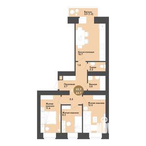 3-к квартира, строящийся дом, 66м2, 11/12 этаж