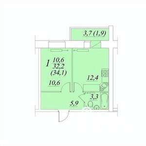 1-к квартира, строящийся дом, 34м2, 2/10 этаж