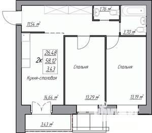 2-к квартира, строящийся дом, 63м2, 3/3 этаж