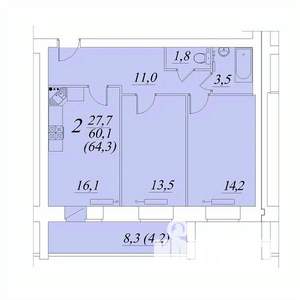 2-к квартира, строящийся дом, 64м2, 2/10 этаж